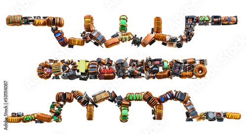 Transformer electronic symbol including two inductor icons isolated on a white background. Pictogram for common circuit diagram from components with copper wire as transformers or magnetic core coils.