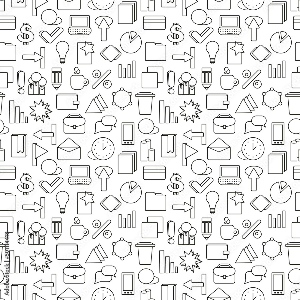 Business strategy wallpaper. Black and white marketing seamless pattern. Tiling textures with thin line web icons set. Vector illustration. Abstract background for mobile app, website, presentation.