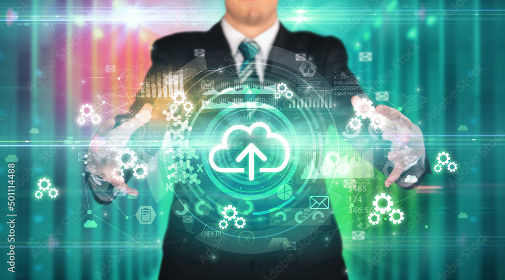 Businessman holding technology icon concept Businessman holding technology icon concept