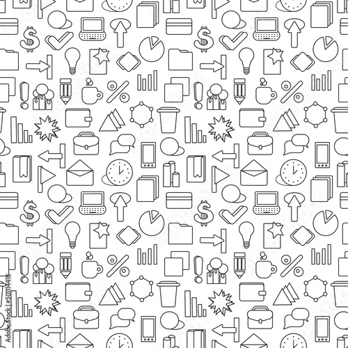 Business strategy wallpaper. Black and white marketing seamless pattern. Tiling textures with thin line web icons set. Vector illustration. Abstract background for mobile app, website, presentation.