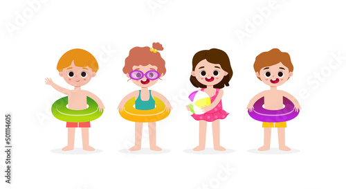 Set Of Cute Kids cartoon Pool party characters,  Multiracial children wearing swimming suits and rings have fun in pool isolated on white background Vector illustration