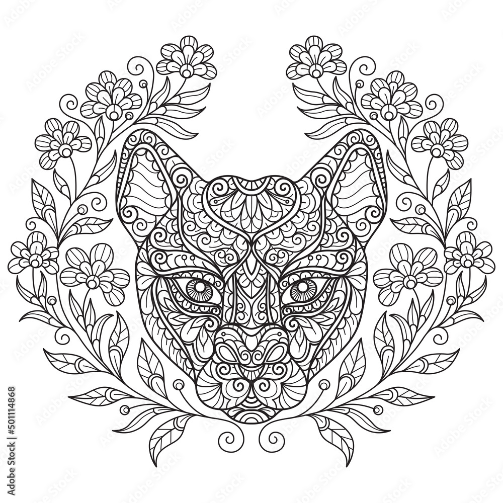 Fototapeta premium Tiger and flowers hand drawn for adult coloring book