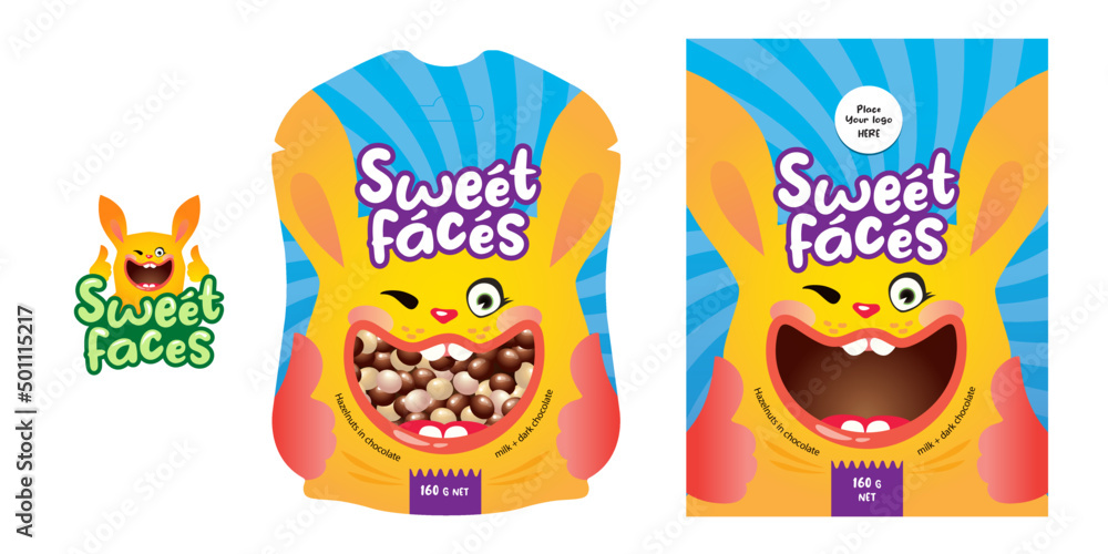 Сandy or snack packaging design with cheerful bunny. Vector editable template