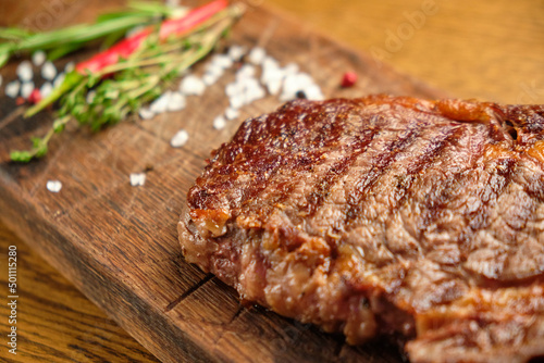 Steak. on a wooden tray