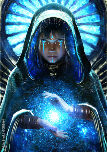 Konstfotografi A young sorceress girl forms a sphere of magic with her palms, she has blue eyes and a piercing stern look, gold tattoos on her face, she is dressed in a patterned ritual robe with a hood