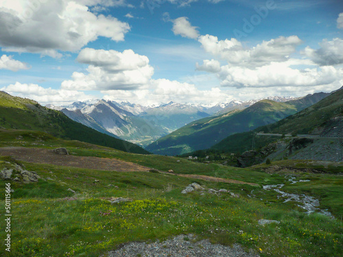 Panoramic view of the beautiful landscape in the Alps with fresh green meadows and blooming flowers and snow-capped mountain tops in the background on a sunny day with blue sky and clouds in spring