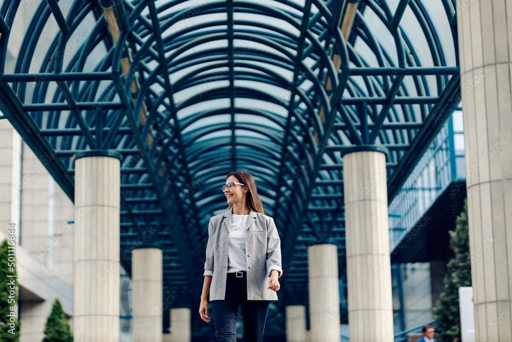 A successful, elegant young businesswoman is walking at the business center. 