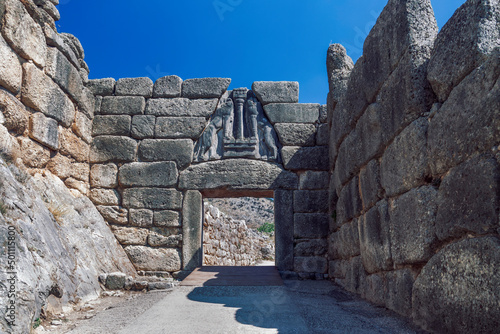 Triangle shaped Lions Gate, the entrance to the ancient citadel, Mycenae, UNESCO World Heritage Site, Peloponnese photo