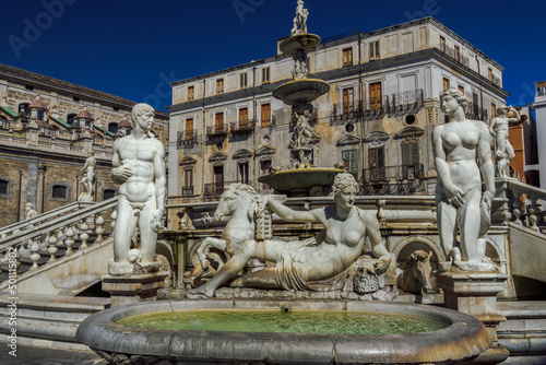 Fontana Pretoria landmark fountain with marble nude statues, Palermo, Sicily photo