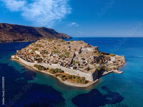 Drone view of Spinalonga, former leper colony fortress, Crete, Greek Islands photo