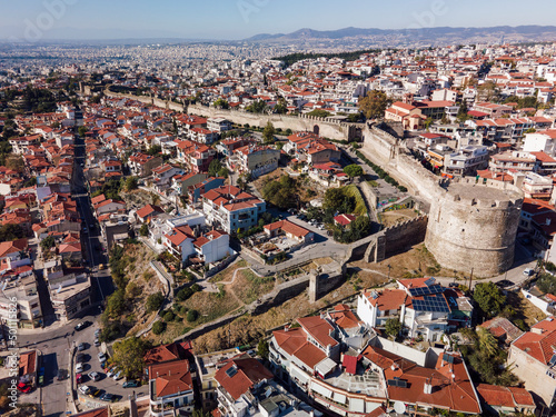 Drone view of Trigonion Chain defensive Tower and fortifications at upper town of Ano Poli in Thessaloniki