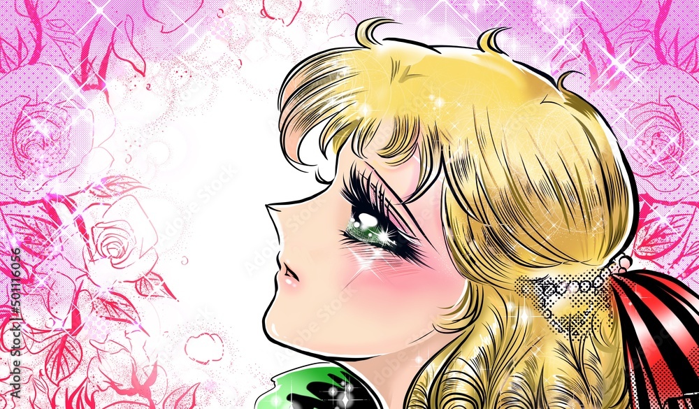 70年代少女漫画かっこいい王子様を見つめる金髪縦ロール緑の瞳のお姫様のイラストと薔薇背景
