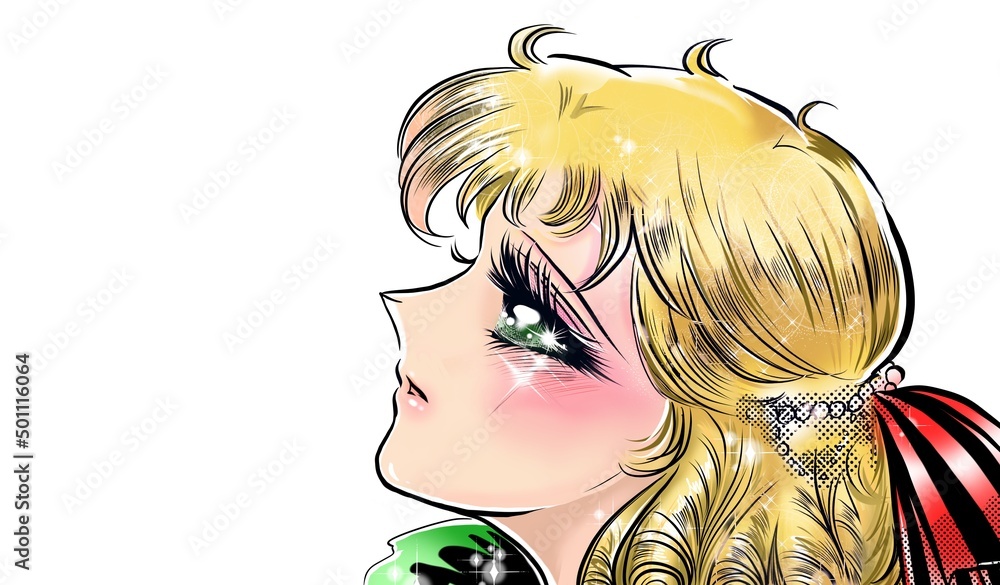70年代少女漫画かっこいい王子様を見つめる金髪縦ロール緑の瞳のお姫様のイラスト Stock Illustration Adobe Stock