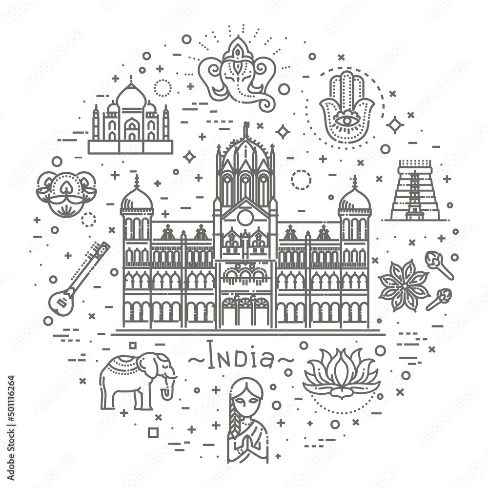  Indian attractions, line design. Tourism in India, illustration. Traditional symbols