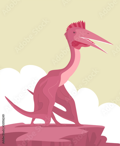 Ancient flying large pangolin pterosaur on top of a rock. Predatory dinosaur of the Jurassic period. Prehistoric animal. Vector illustration