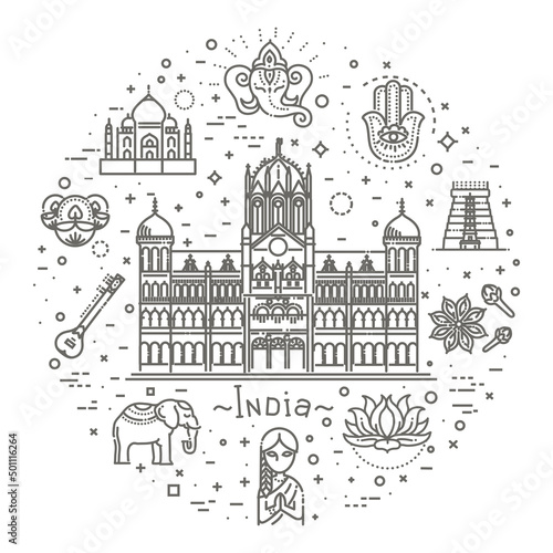  Indian attractions, line design. Tourism in India, illustration. Traditional symbols