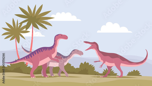 Iguanodon vs Baryonyx. Ancient dinosaurs of the Jurassic period. Vector cartoon illustration. Prehistoric nature background. Wild landscape