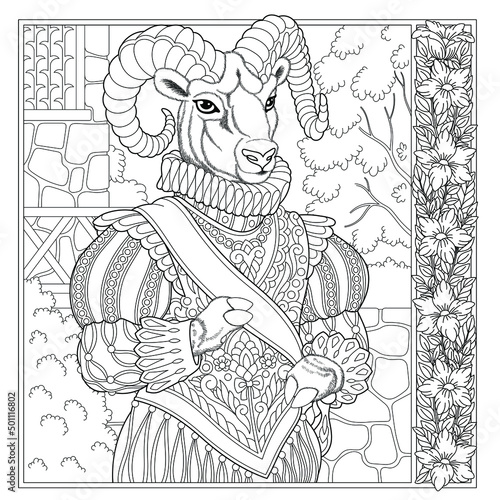 Floral adult coloring book page. Fairy tale goat. Male animal in costume with flower frame. 
