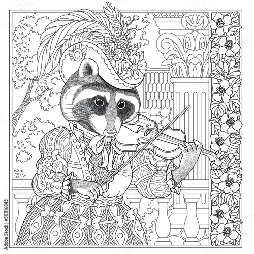 Floral adult coloring book page. Fairy tale raccoon. Female animal in dress with flower frame. 
