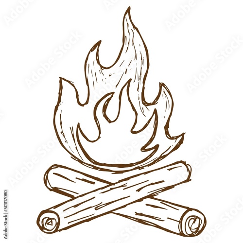 Vector line drawing of a fire with firewood. Rough vintage monochrome brown freehand illustration isolated on transparent background
