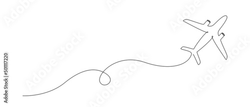 One Continuous line drawing of flying up airplane path. Concept of world travel and international flight with trace in simple linear style. Editable stroke. Doodle Vector illustration