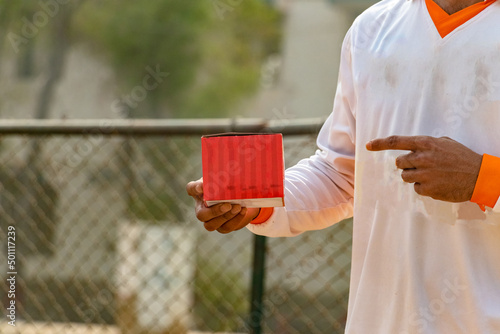 Wallpaper Mural young cricketer showing hand on empty box on match ground Torontodigital.ca