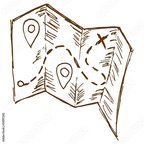 Vector line drawing of a treasure hunt paper map. Rough vintage monochrome brown freehand illustration isolated on transparent background