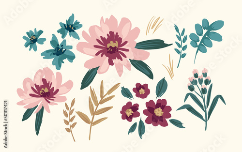 Set of floral design elements. Leaves, flowers, grass, branches. Vector