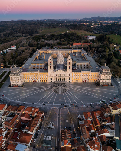 City drone aerial view at sunset with iconic Palace, Mafra, Portugal photo