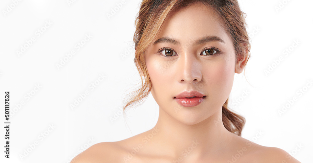 close up of a Beautiful young asian woman with clean fresh skin on white background, Face care, Facial treatment, Cosmetology, beauty and spa, Asian women portrait.