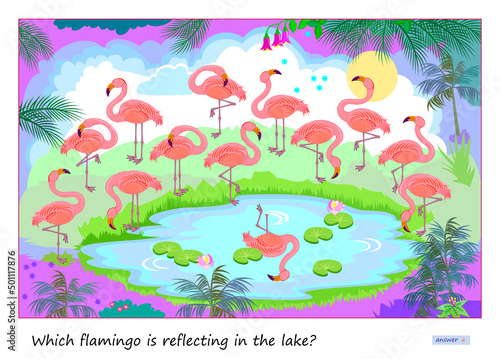 Logic puzzle game for children and adults. Which flamingo is reflecting in the lake? Page for brain teaser book. Developing kids spatial thinking. Task for attentiveness. Vector illustration.