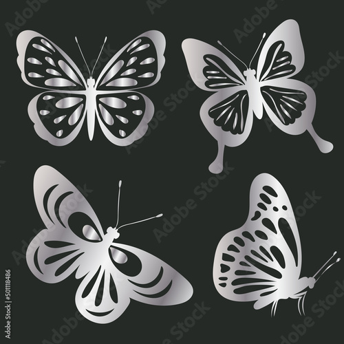 Fototapeta Naklejka Na Ścianę i Meble -  butterfly silver silhouette, on a black background, isolated, vector