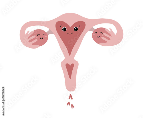 Cute emoji uterus hugging ovaries icon. Funny sex education sticker for girls, respect and love for your teen body. Vector illustration isolated on white background.
