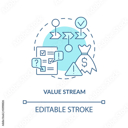Value stream turquoise concept icon. Steps, processes. Lean manufacturing principle abstract idea thin line illustration. Isolated outline drawing. Editable stroke. Arial, Myriad Pro-Bold fonts used