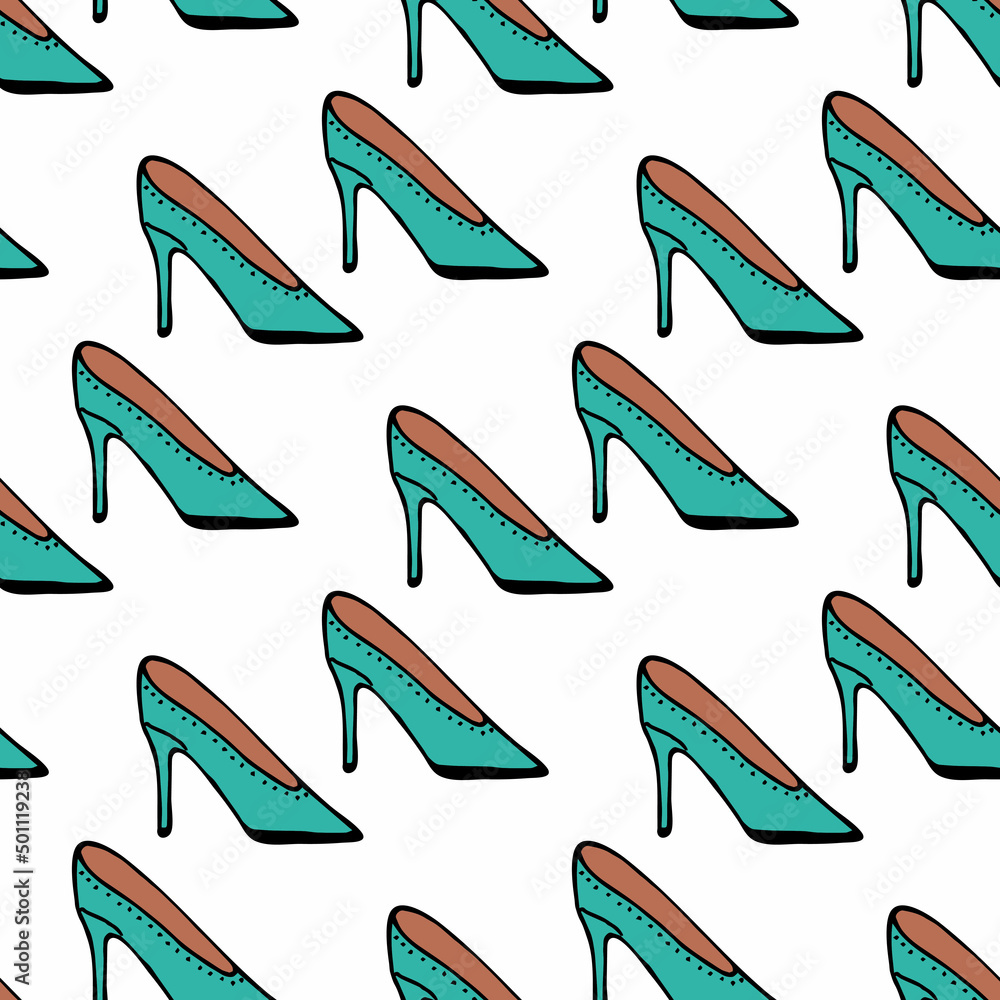 Obraz premium Seamless pattern with turquoise shoes on white background. Vector image.