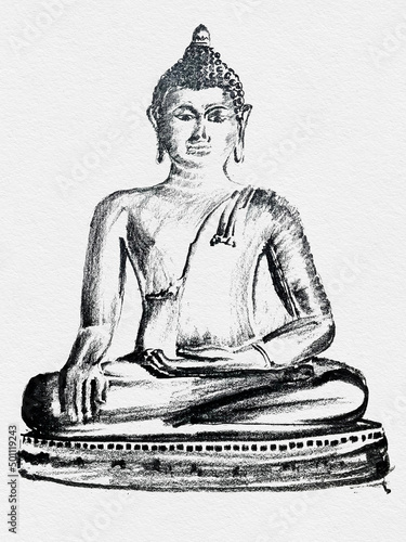 Ancient golden buddha Phra Sing ,Pencil sketch on paper art.
