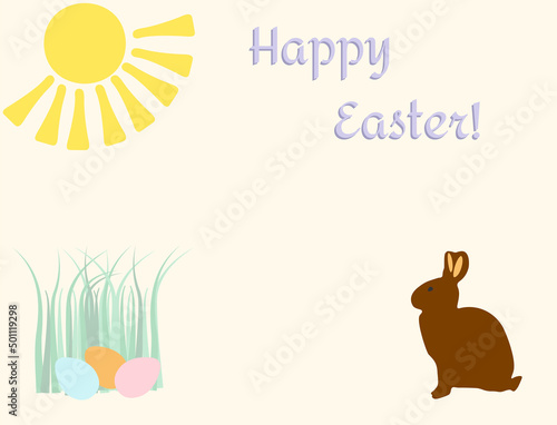 Colorful Easter eggs, chocolate rabbit in spring garden. Happy Easter greeting card with egg, sun beams and bunny, vector eps 10
