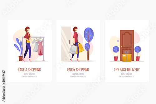 Shopping concept onboarding screens. Woman making purchases, enjoy shopping and trying fast orders delivery. Modern UI, UX, GUI user interface kit with people scene for web design. Vector illustration