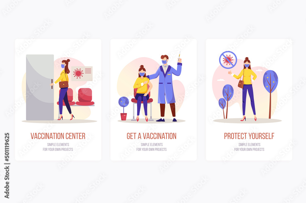 Vaccination concept onboarding screens. Woman goes to center and receives immune protection against viruses. Modern UI, UX, GUI user interface kit with people scene for web design. Vector illustration