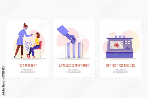 PCR test concept onboarding screens. Doctor takes sample from patient, does lab test and receives result. Modern UI, UX, GUI user interface kit with people scene for web design. Vector illustration