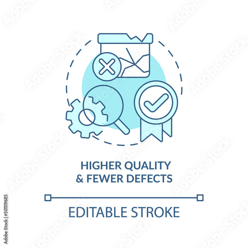 Higher quality and fewer defects turquoise concept icon. Advantage of one-piece flow abstract idea thin line illustration. Isolated outline drawing. Editable stroke. Arial, Myriad Pro-Bold fonts used