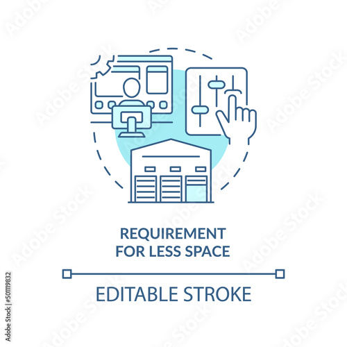 Requirement for less space turquoise concept icon. Advantage of one-piece flow abstract idea thin line illustration. Isolated outline drawing. Editable stroke. Arial, Myriad Pro-Bold fonts used