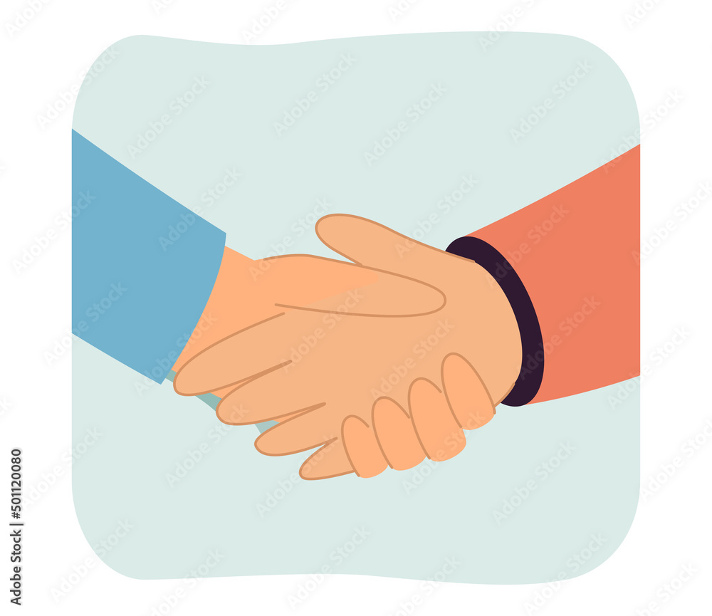 Handshake of business partners or friends on meeting. Male characters shaking hands together flat vector illustration. Partnership, agreement concept for banner, website design or landing web page Handshake of business partners or friends on meeting. Male characters shaking hands together flat vector illustration. Partnership, agreement concept for banner, website design or landing web page