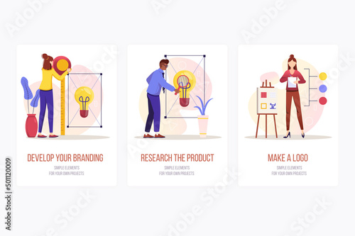 Branding concept onboarding screens. Designers develops brand, studies product, makes logo for business. Modern UI, UX, GUI user interface kit with people scene for web design. Vector illustration