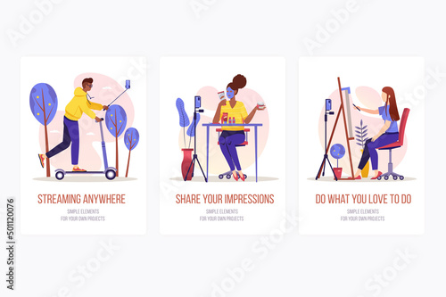 Streaming concept onboarding screens. Bloggers review cosmetics, draw online and create vlogs outdoors. Modern UI, UX, GUI user interface kit with people scene for web design. Vector illustration