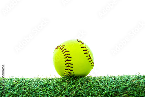 green softball on grass with white background