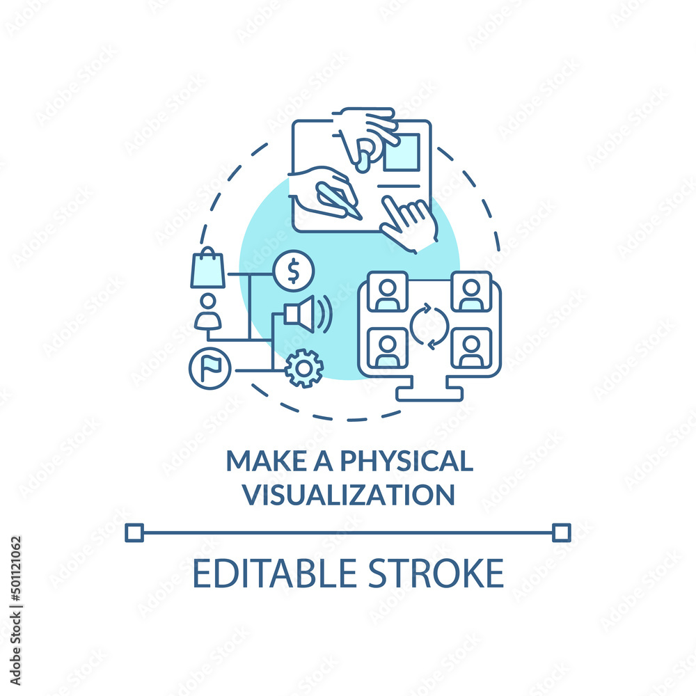 Make physical visualization turquoise concept icon. Value stream mapping practice abstract idea thin line illustration. Isolated outline drawing. Editable stroke. Arial, Myriad Pro-Bold fonts used Make physical visualization turquoise concept icon. Value stream mapping practice abstract idea thin line illustration. Isolated outline drawing. Editable stroke. Arial, Myriad Pro-Bold fonts used