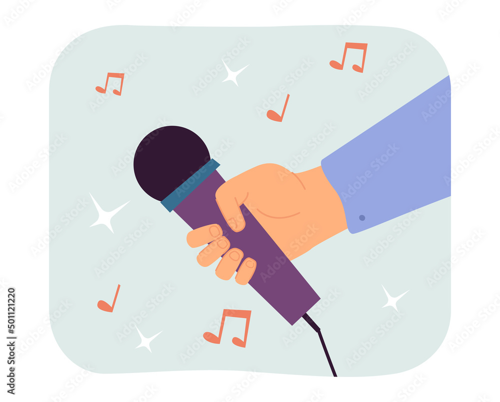 Hands of talent singer holding microphone among musical notes. Person singing song to music flat vector illustration. Karaoke party, performance concept for banner, website design or landing web page Hands of talent singer holding microphone among musical notes. Person singing song to music flat vector illustration. Karaoke party, performance concept for banner, website design or landing web page