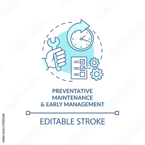 Preventative maintenance and early management turquoise concept icon. Abstract idea thin line illustration. Isolated outline drawing. Editable stroke. Arial, Myriad Pro-Bold fonts used photo