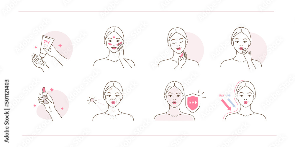 Spf protection illustration set. Beauty girl taking care of her skin and using uv protection sunscreen. Skin care against aging and pigmentation caused by sun. Beauty routine. Vector illustration.